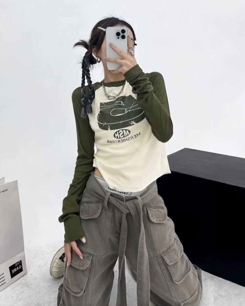 Long Sleeve Crop Top Y2K beige