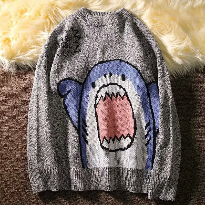 Y2K Cartoon Shark Print Sweater grey