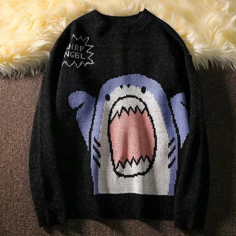 Y2K Cartoon Shark Print Sweater black