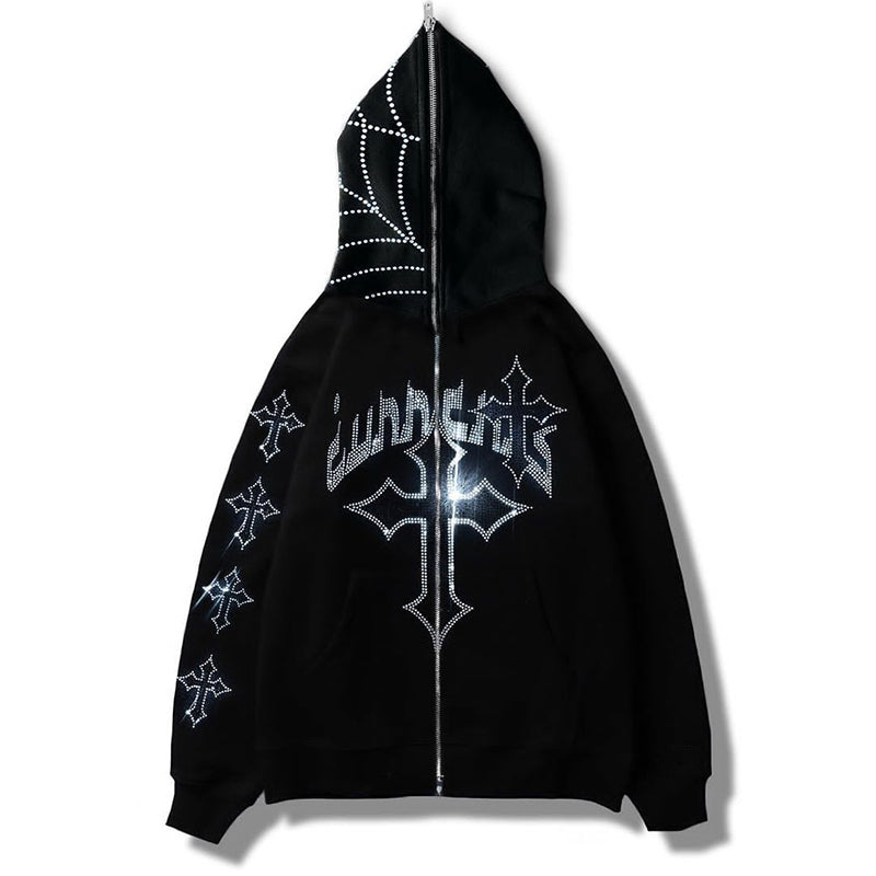 Y2K Rhinestone Cross Hoodie