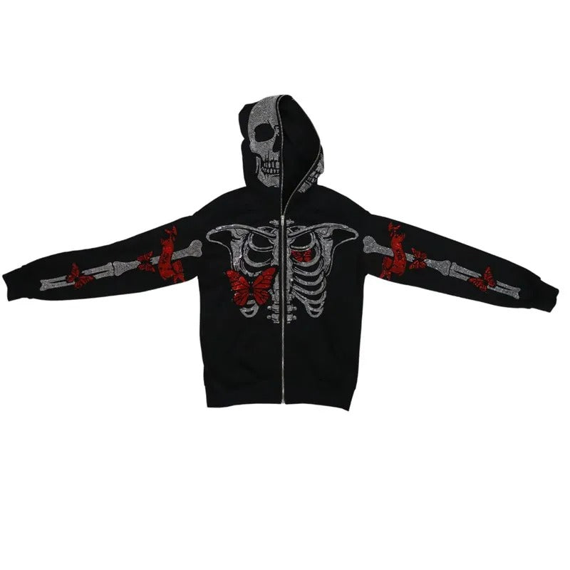 Skeleton Rhinestones Y2K Rhinestones Butterfly Skeleton Hoodie – Y2K Craze