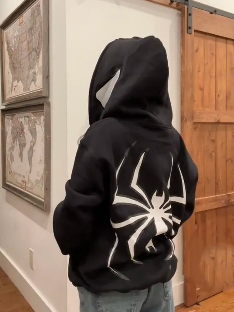 Y2K Spider Print Hoodies black