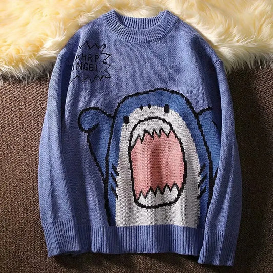 Y2K Cartoon Shark Print Sweater blue