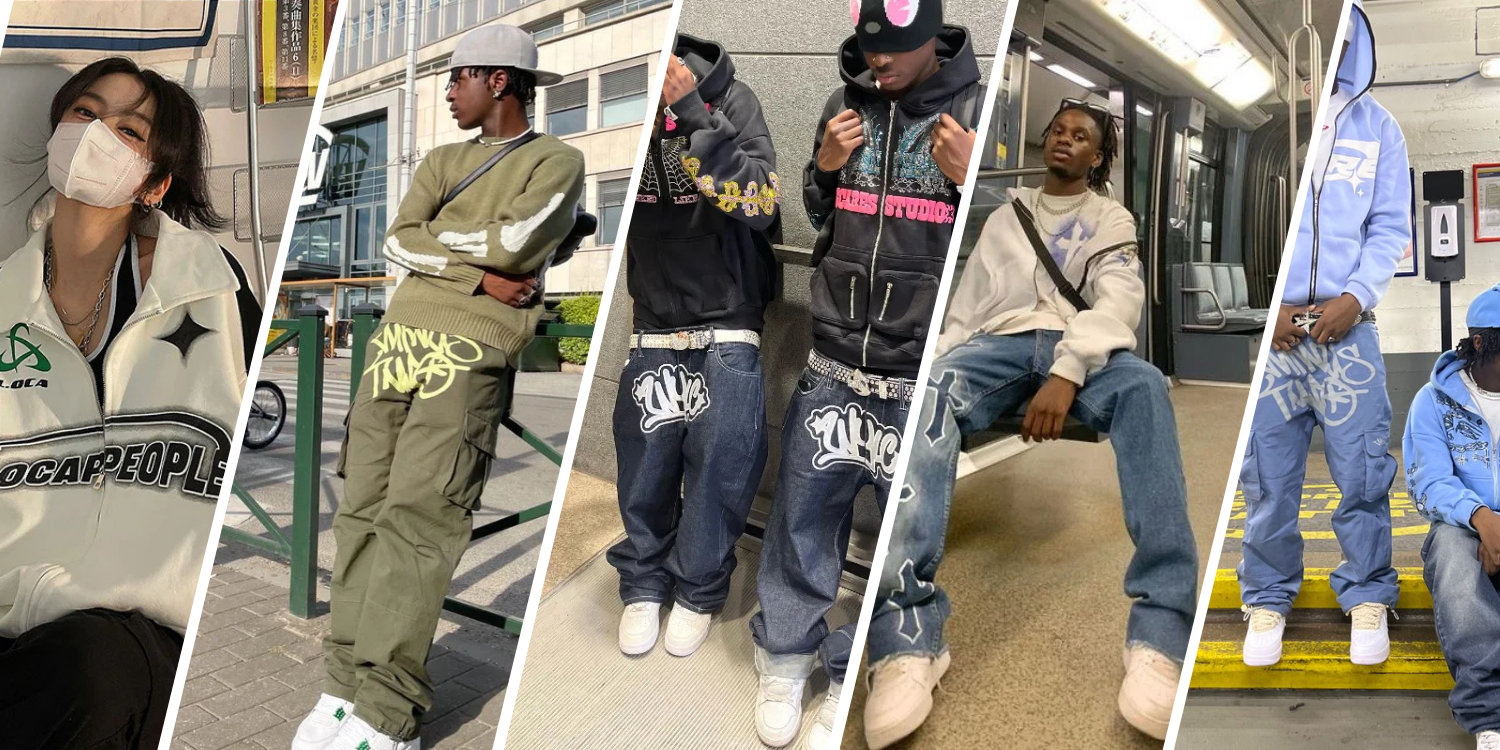 Y2K-inspired outfits examples with oversized hoodies, cargo pants, baggy jeans, and graphic bold designs