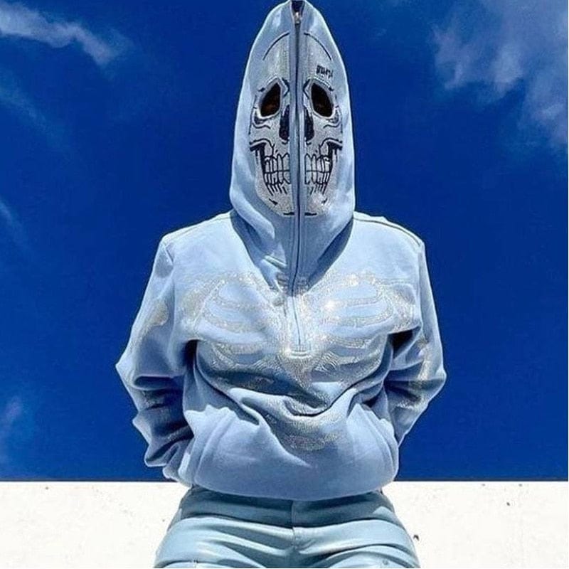 Rhinestone Skeleton Zip Up Hoodie Y2K blue