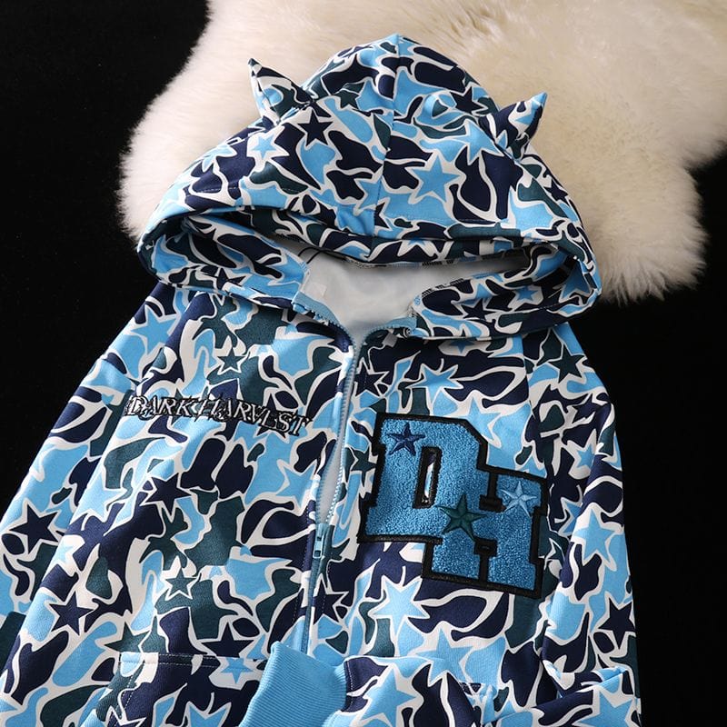 Y2K Full Zip Camo Hoodie blue