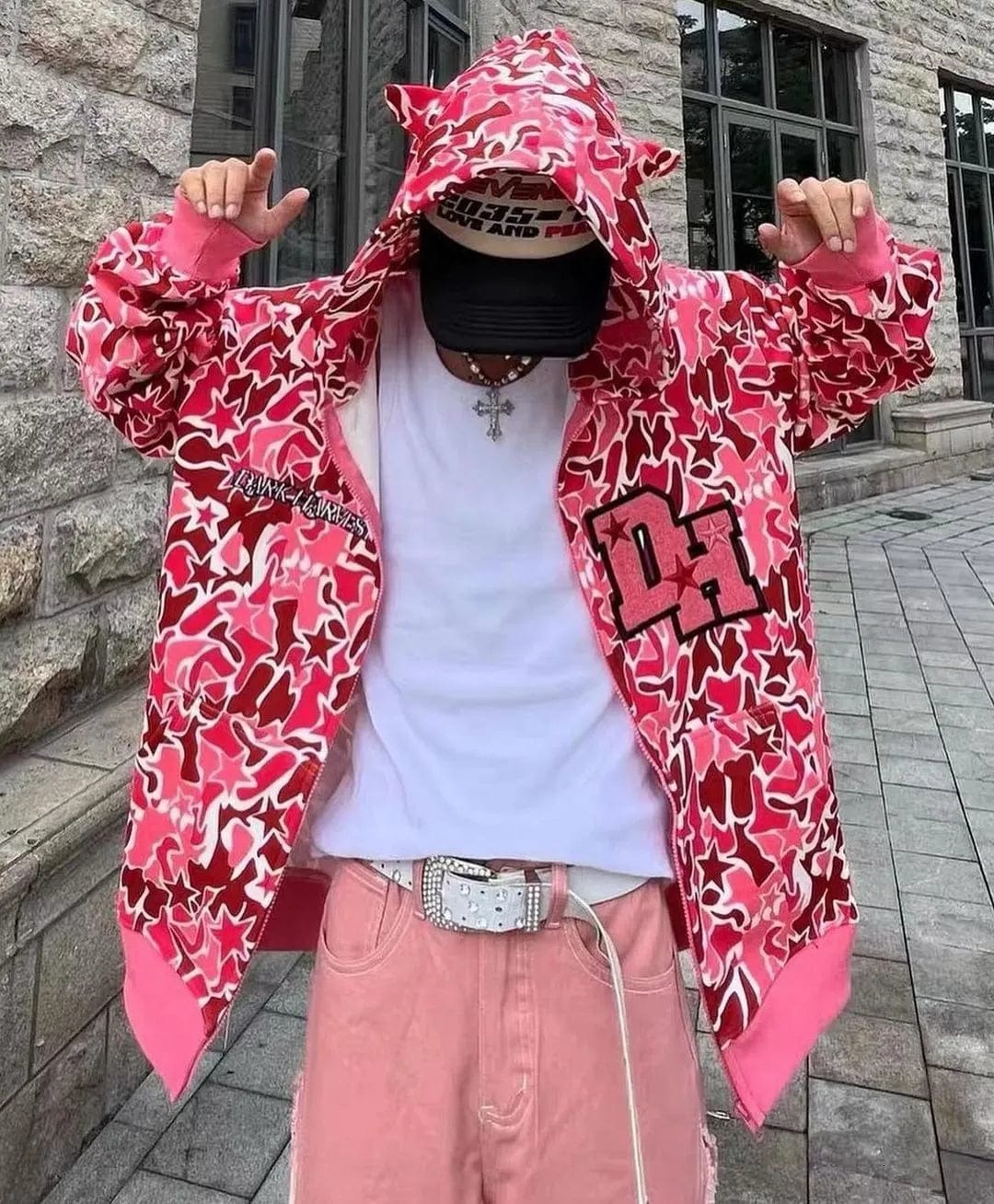 Y2K Full ZIp Camo Hoodie pink