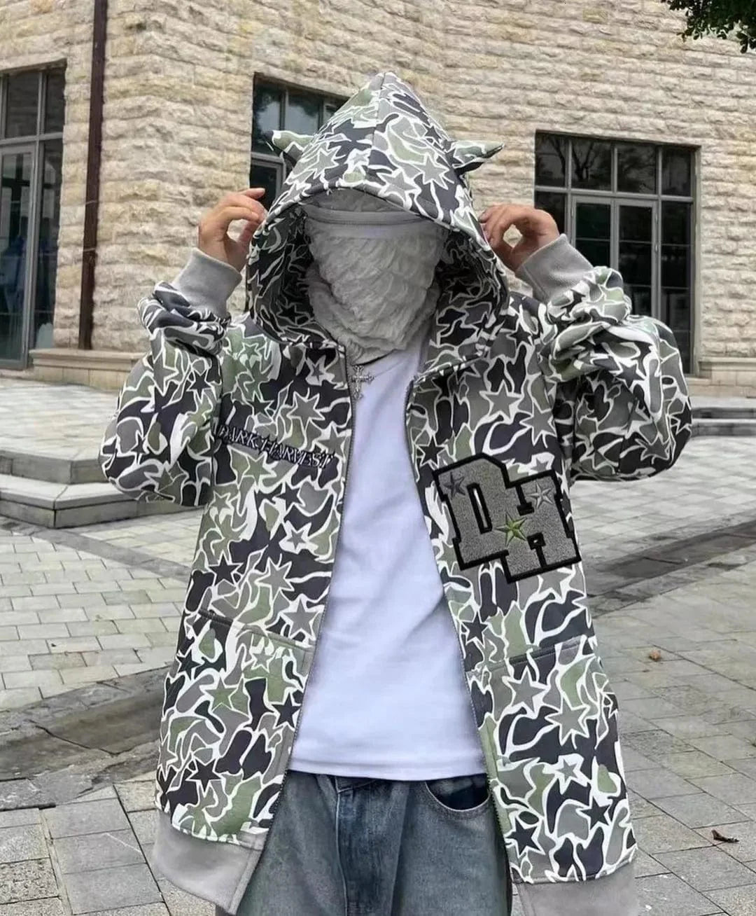 Y2K Full ZIp Camo Hoodie gray